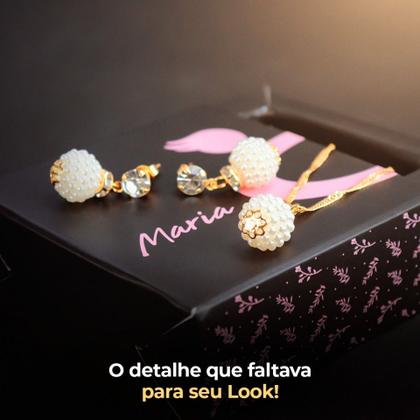 Imagem de Kit Colar feminino Perola dourada + brinco  zicronia + caixa KCBPL