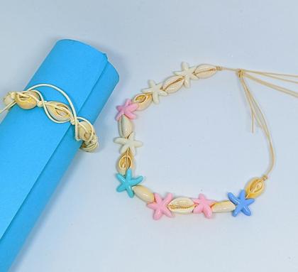Imagem de Kit Colar Gargantilha e Pulseira tornozeleira conchas do mar artesanal Búzios naturais com Olho grego Moda praia Verão