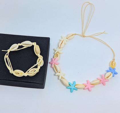 Imagem de Kit Colar Gargantilha e Pulseira tornozeleira conchas do mar artesanal Búzios naturais com Olho grego Moda praia Verão