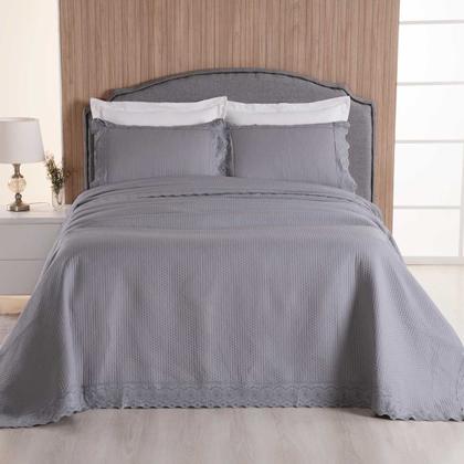 Imagem de Kit Colcha Cobre Leito cama Casal 3 peças percal 300 Fios com Bordado ingles cinza rosa caqui