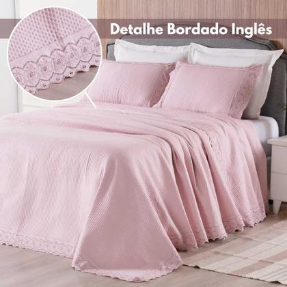 Imagem de Kit Colcha Cobre Leito cama Casal 3 peças percal 300 Fios com Bordado ingles cinza rosa caqui