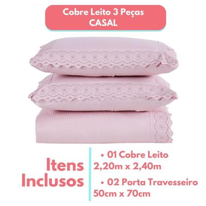 Imagem de Kit Colcha Cobre Leito cama Casal 3 peças percal 300 Fios com Bordado ingles cinza rosa caqui
