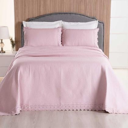 Imagem de Kit Colcha Cobre Leito cama Casal 3 peças percal 300 Fios com Bordado ingles cinza rosa caqui