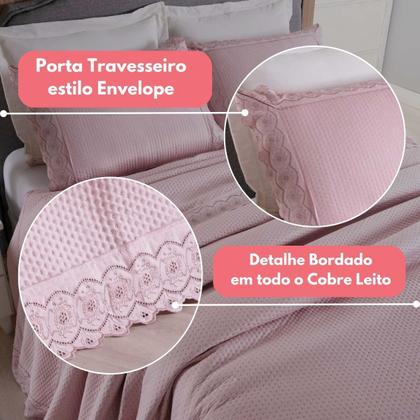 Imagem de Kit Colcha Cobre Leito cama Casal 3 peças percal 300 Fios com Bordado ingles cinza rosa caqui