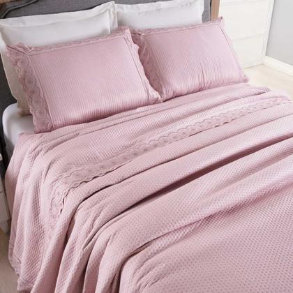 Imagem de Kit Colcha Cobre Leito cama Casal 3 peças percal 300 Fios com Bordado ingles cinza rosa caqui