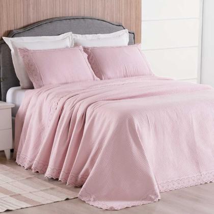 Imagem de Kit Colcha Cobre Leito cama Casal 3 peças percal 300 Fios com Bordado ingles cinza rosa caqui