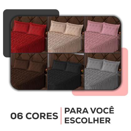 Imagem de Kit Colcha Cobre Leito Casal Padrão 3 peças Requinte Bordado Babado com Porta Travesseiro