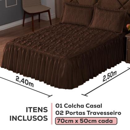 Imagem de Kit Colcha Cobre Leito Casal Padrão 3 peças Requinte Bordado Babado com Porta Travesseiro