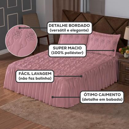 Imagem de Kit Colcha Cobre Leito Casal Padrão 3 peças Requinte Bordado Babado com Porta Travesseiro
