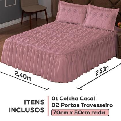 Imagem de Kit Colcha Cobre Leito Casal Padrão 3 peças Requinte Bordado Babado com Porta Travesseiro