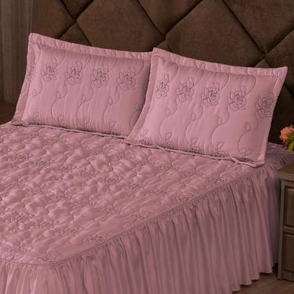 Imagem de Kit Colcha Cobre Leito Casal Padrão 3 peças Requinte Bordado Babado com Porta Travesseiro