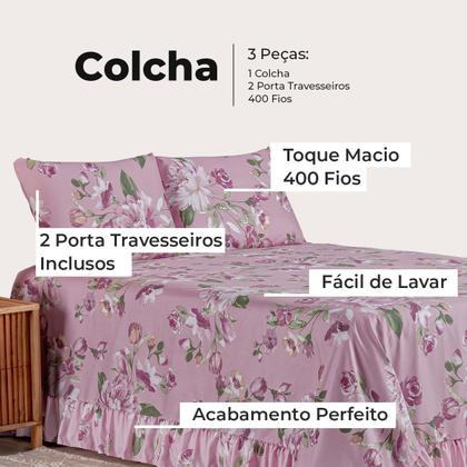 Imagem de Kit Colcha Cobre Leito Casal Padrão 400 Fios Toque Macio 3 Peças com Porta Travesseiro