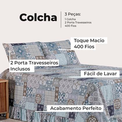 Imagem de Kit Colcha Cobre Leito Casal Padrão 400 Fios Toque Macio 3 Peças com Porta Travesseiro