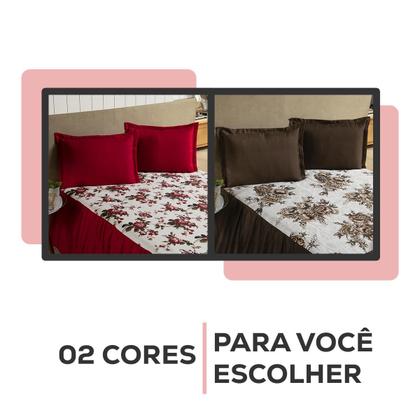 Imagem de Kit Colcha Cobre Leito Casal Queen 03 Peças 170 Fios Bella Vida Estampado Floral Com Babado e Porta Travesseiro Debrum Tecido Jacquard