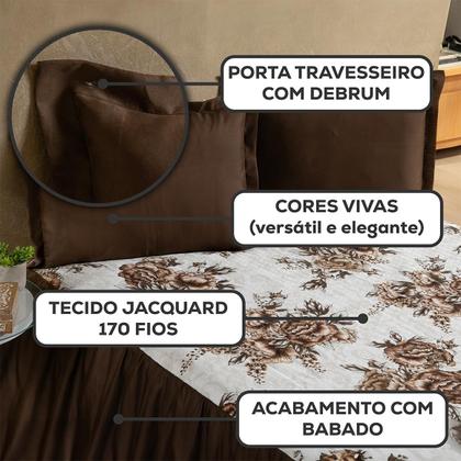 Imagem de Kit Colcha Cobre Leito Casal Queen 03 Peças 170 Fios Bella Vida Estampado Floral Com Babado e Porta Travesseiro Debrum Tecido Jacquard