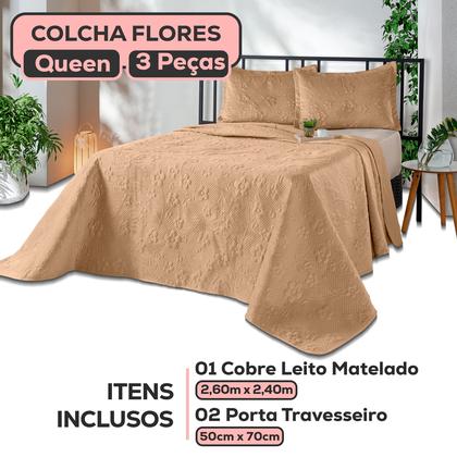 Imagem de Kit Colcha Cobre Leito Casal Queen Dupla Face 3 Peças 200 Fios Relevo Flores Toque Aveludado Luxo