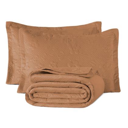 Imagem de Kit Colcha Cobre Leito Casal Queen Dupla Face 3 Peças 200 Fios Relevo Flores Toque Aveludado Luxo