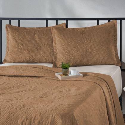 Imagem de Kit Colcha Cobre Leito Casal Queen Dupla Face 3 Peças 200 Fios Relevo Flores Toque Aveludado Luxo