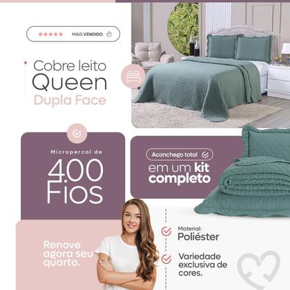Imagem de Kit Colcha Cobre Leito Casal Queen Dupla Face 3 Peças 400 Fios Micropercal Com Porta Travesseiro Toque Macio Luxo Balle