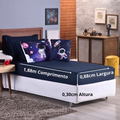 Imagem de Kit Colcha Cobre Leito Jogo Cama Infantil Solteiro 5 Pçs Matelado Macio Sleep Astronauta Menino Marinho