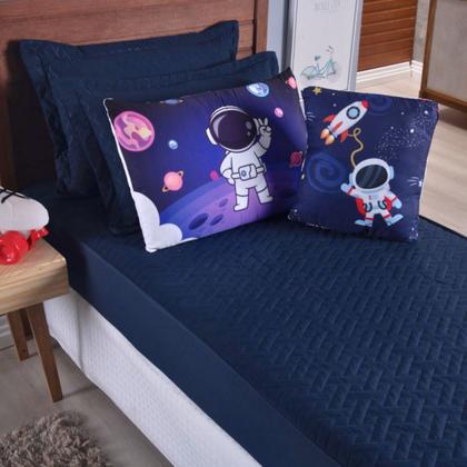 Imagem de Kit Colcha Cobre Leito Jogo Cama Infantil Solteiro 5 Pçs Matelado Macio Sleep Astronauta Menino Marinho