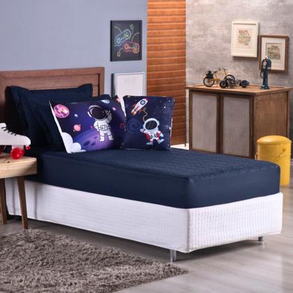 Imagem de Kit Colcha Cobre Leito Jogo Cama Infantil Solteiro 5 Pçs Matelado Macio Sleep Astronauta Menino Marinho