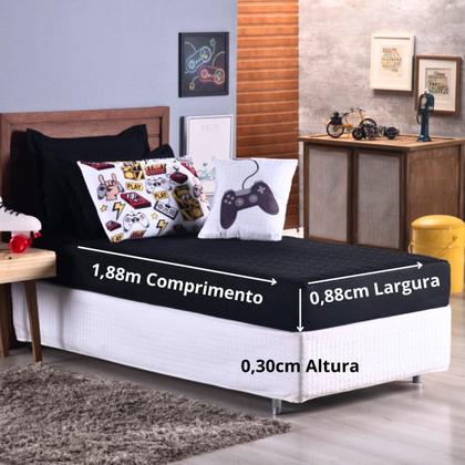 Imagem de Kit Colcha Cobre Leito Jogo Cama Solteiro 5 Pçs Matelado Sleep Quarto Menino Gamer Preto Macio