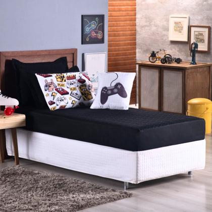 Imagem de Kit Colcha Cobre Leito Jogo Cama Solteiro 5 Pçs Matelado Sleep Quarto Menino Gamer Preto Macio