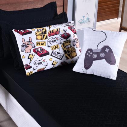 Imagem de Kit Colcha Cobre Leito Jogo Cama Solteiro 5 Pçs Matelado Sleep Quarto Menino Gamer Preto Macio