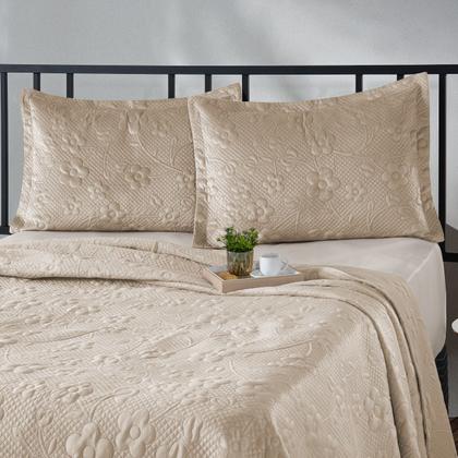 Imagem de Kit Colcha Cobre Leito King Size Dupla Face 3 Peças 200 Fios Relevo Flores Toque Aveludado Luxo