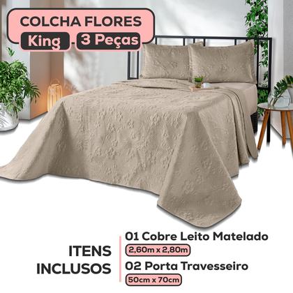 Imagem de Kit Colcha Cobre Leito King Size Dupla Face 3 Peças 200 Fios Relevo Flores Toque Aveludado Luxo