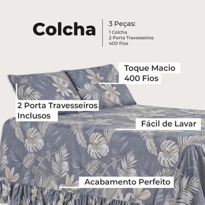 Imagem de Kit Colcha Cobre Leito Queen 400 Fios Toque Macio 3 Peças com Porta Travesseiro