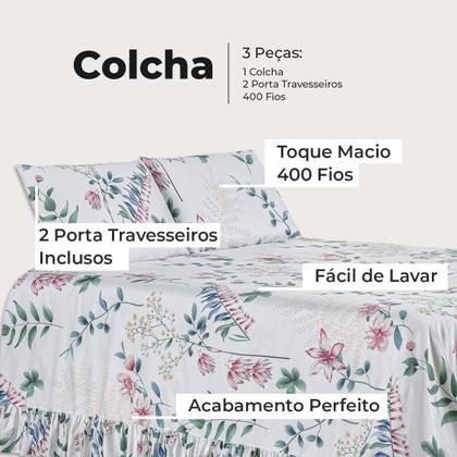 Imagem de Kit Colcha Cobre Leito Queen 400 Fios Toque Macio 3 Peças com Porta Travesseiro