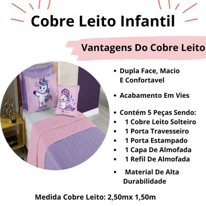 Imagem de Kit Colcha Cobre Leito Roupa Cama Edredom Solteiro 5 Pçs Matelado Quarto Menina Dupla Face Rosa Lilas 