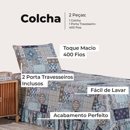 Imagem de Kit Colcha Cobre Leito Solteiro 200 Fios Toque Macio 2 Peças com Porta Travesseiro