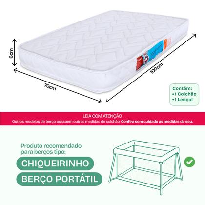 Imagem de Kit Colchão Para Mini Berço Desmontável Chiqueirinho Cercadinho 100x70x6cm Lençol Hipoalergênico com Elástico Impermeável BF Colchões
