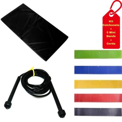 Imagem de Kit Colchonete Preto + 5 Mini Band Elástico + Corda de Pular