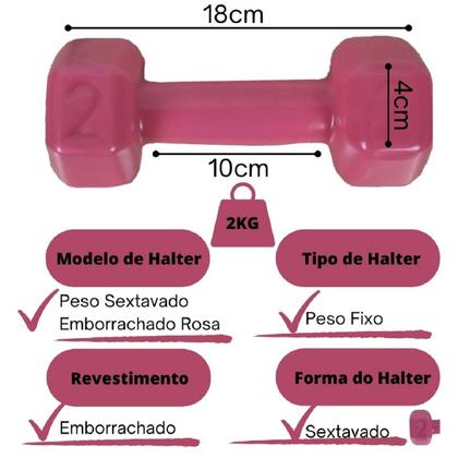 Imagem de Kit Colchonete Rosa+ Par de Caneleira 2kg + Par de Halter Emborrachado Sextavado 2kg