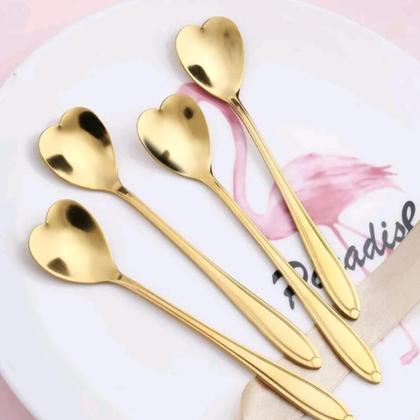 Imagem de Kit Colher Coração Fofa para Cozinha Mesa Posta Douradas Café Sobremesa Chá Aço Inoxidável OURO 5PCS