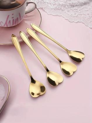 Imagem de Kit Colher Coração Fofa para Cozinha Mesa Posta Douradas Café Sobremesa Chá Aço Inoxidável OURO 5PCS
