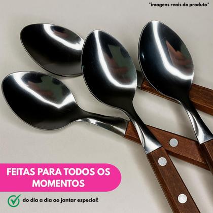Imagem de Kit Colher De Mesa Cabo Madeira Refeição Sopa 20cm Talher Utensílio Cozinha