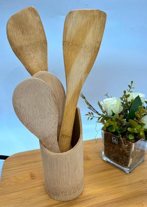Imagem de Kit Colher De Pau Utensílios Em Bambu(4 talheres +suporte)