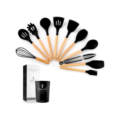 Imagem de Kit Colheres Silicones 12 Peças Copo Colher Espátula Concha Suporte Cozinha Cabo Madeira