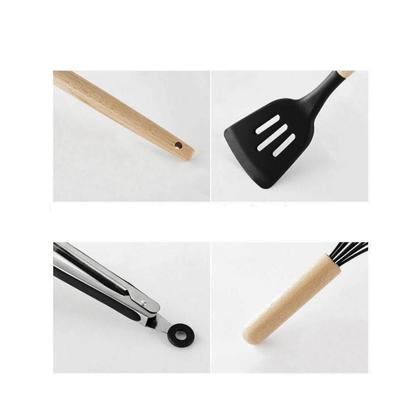 Imagem de Kit Colheres Silicones 12 Peças Copo Colher Espátula Concha Suporte Cozinha Cabo Madeira