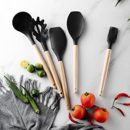 Imagem de Kit Colheres Silicones 12 Peças Copo Colher Espátula Concha Suporte Cozinha Cabo Madeira