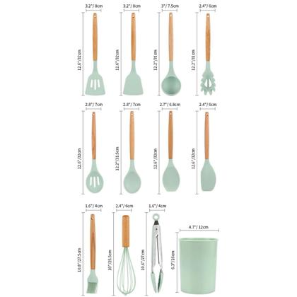 Imagem de Kit Colheres Silicones 12 Peças Copo Colher Espátula Concha Suporte Cozinha Cabo Madeira