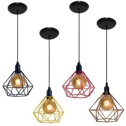 Imagem de Kit com 03 Luminarias Pendente Aramado Modelo Diamante Vermelho ideal para ser utilizado com lâmpadas de filamento LED