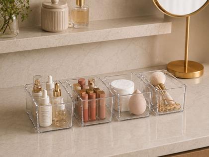 Imagem de Kit com 10 Organizadores de Acrílico Pequenos Modular Multiuso Geladeira Gavetas Banheiro Maquiagens