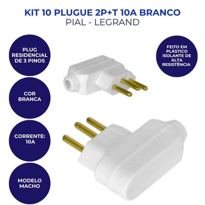 Imagem de Kit com 10 Plugues Macho 3 pinos 2P T Legrand 10A 250V Branco  Ref. 615901