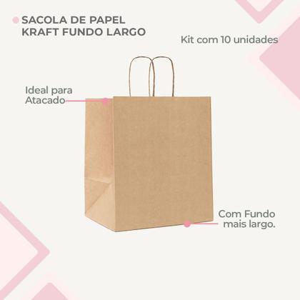 Imagem de Kit com 10Un de Sacolas de Papel Kraft MG Fundo Largo Biodegradável e Reciclável 28x27x20cm